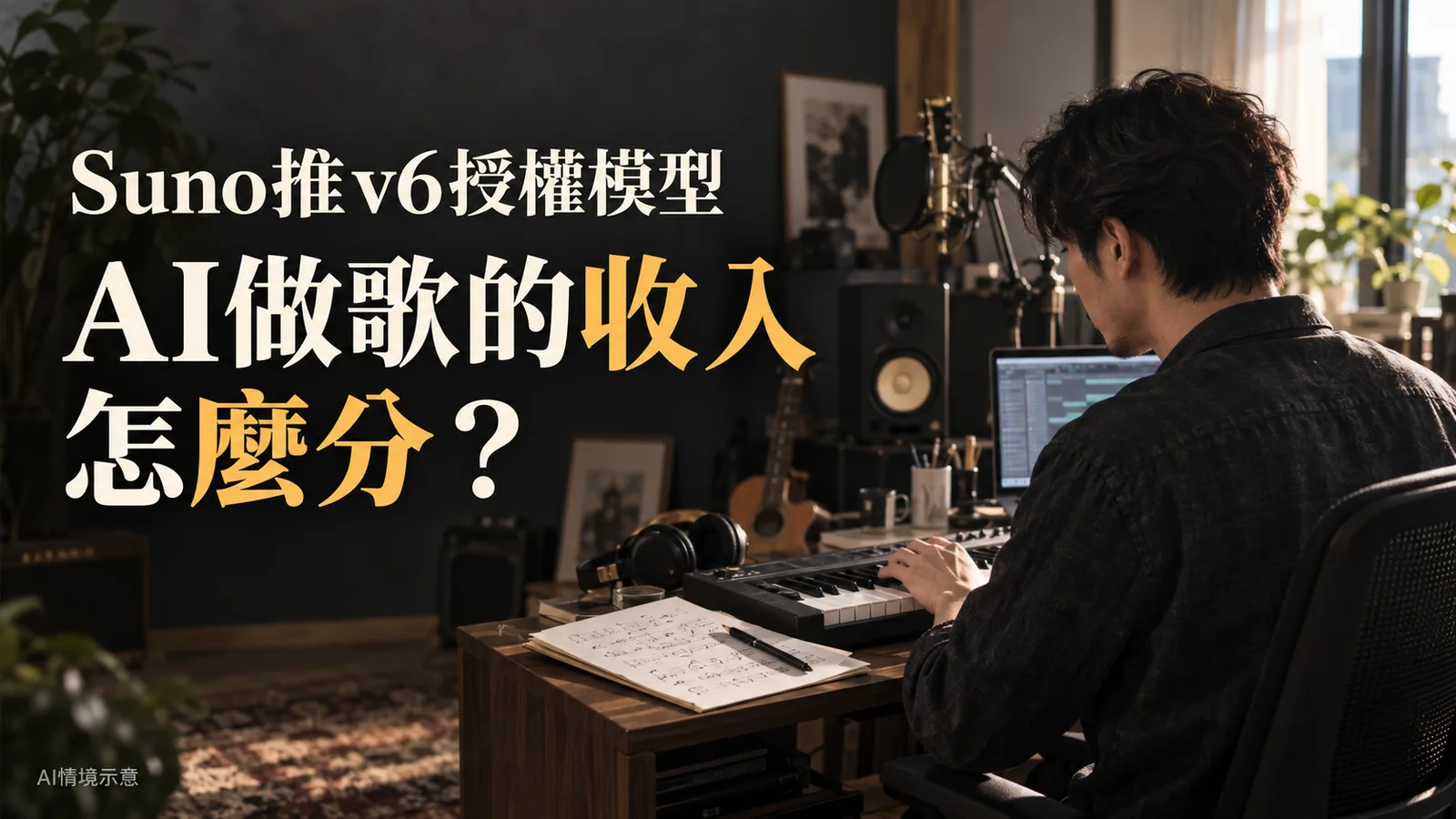 音樂人在錄音室鍵盤前創作，主圖標題為Suno推v6授權模型，AI做歌的收入怎麼分？