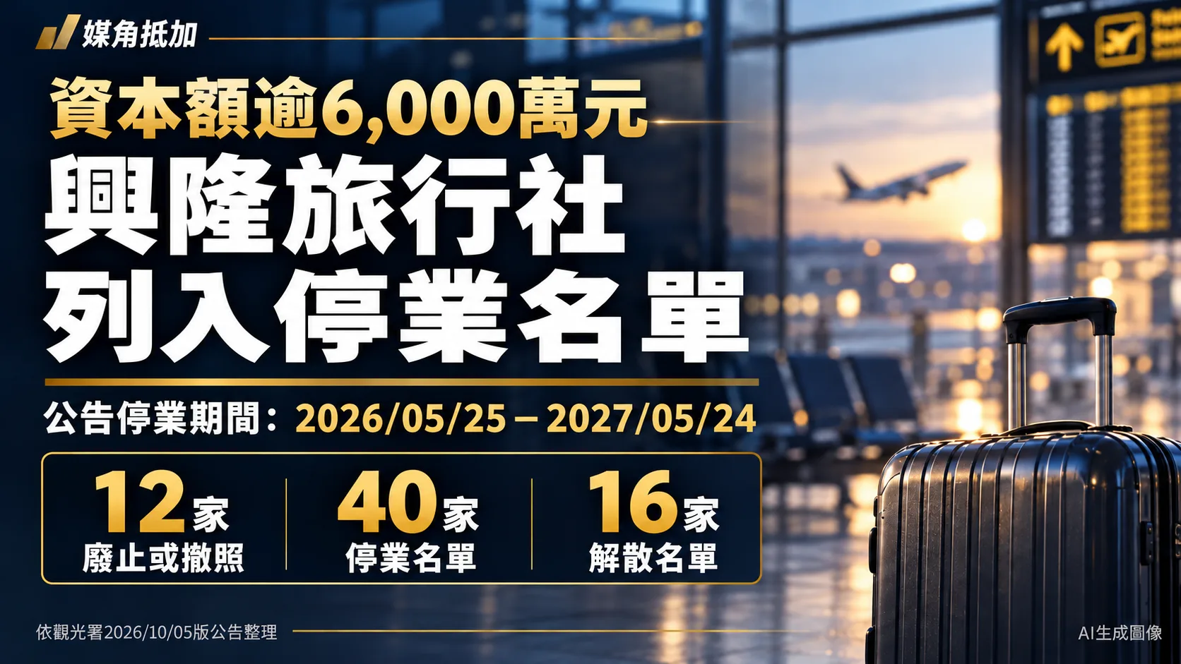 資本額逾6,000萬元的興隆旅行社列停業名單！觀光署公告12家廢照