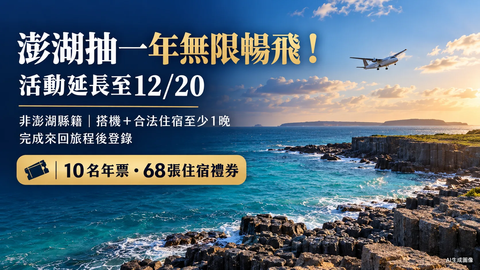 澎湖抽一年無限暢飛延至12/20！68張住宿券、登錄資格與限制一次看