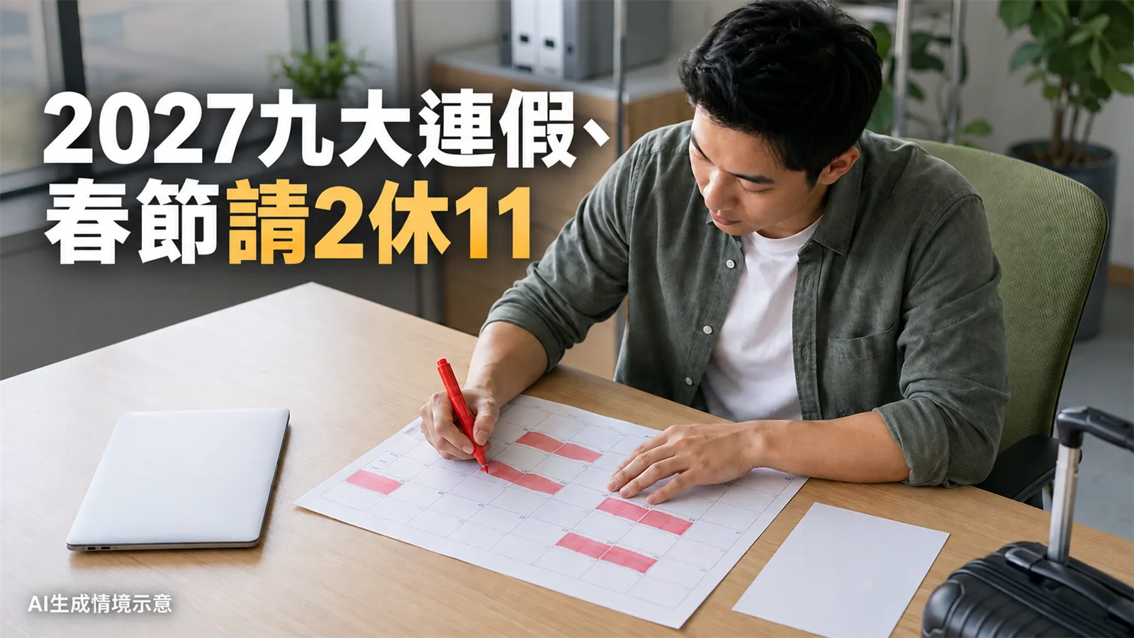 上班族用紅筆規劃日曆，圖上標題為2027九大連假、春節請2休11；AI生成情境示意。