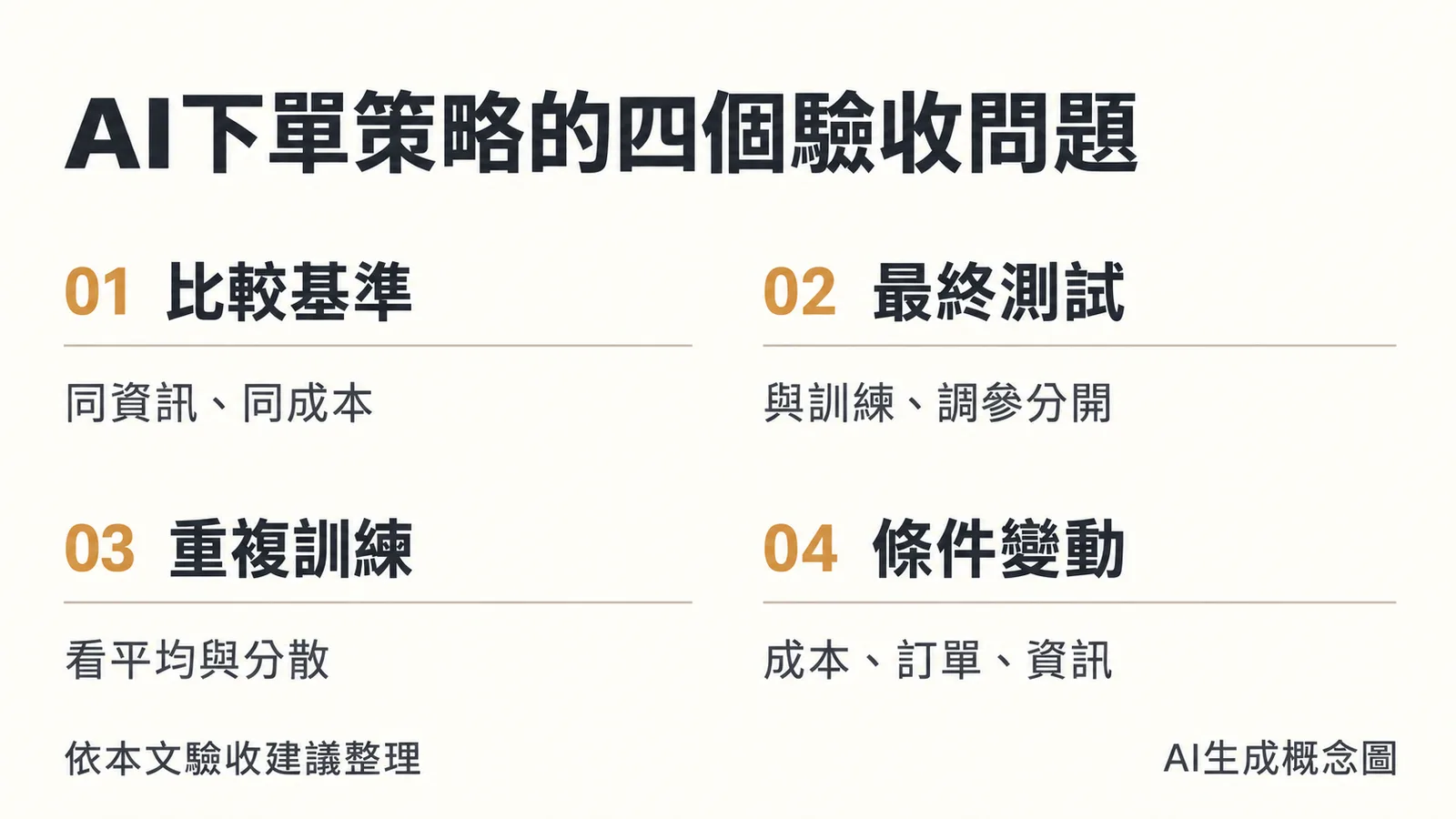 AI生成概念圖:AI下單策略四項驗收問題,包括比較基準、最終測試、重複訓練與條件變動。