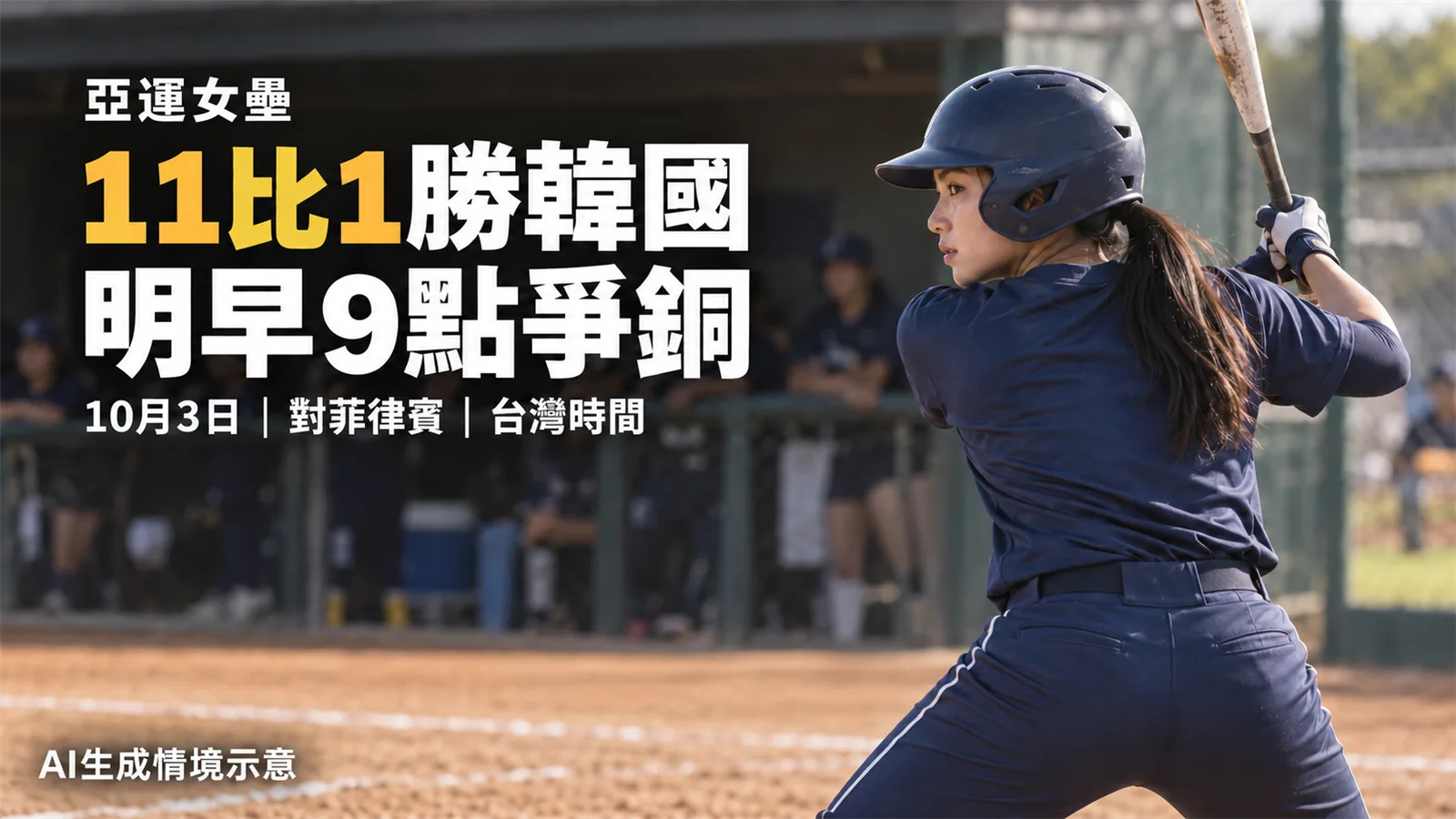 亞運女壘11比1勝韓國　10月3日早上9點對菲律賓爭銅牌
