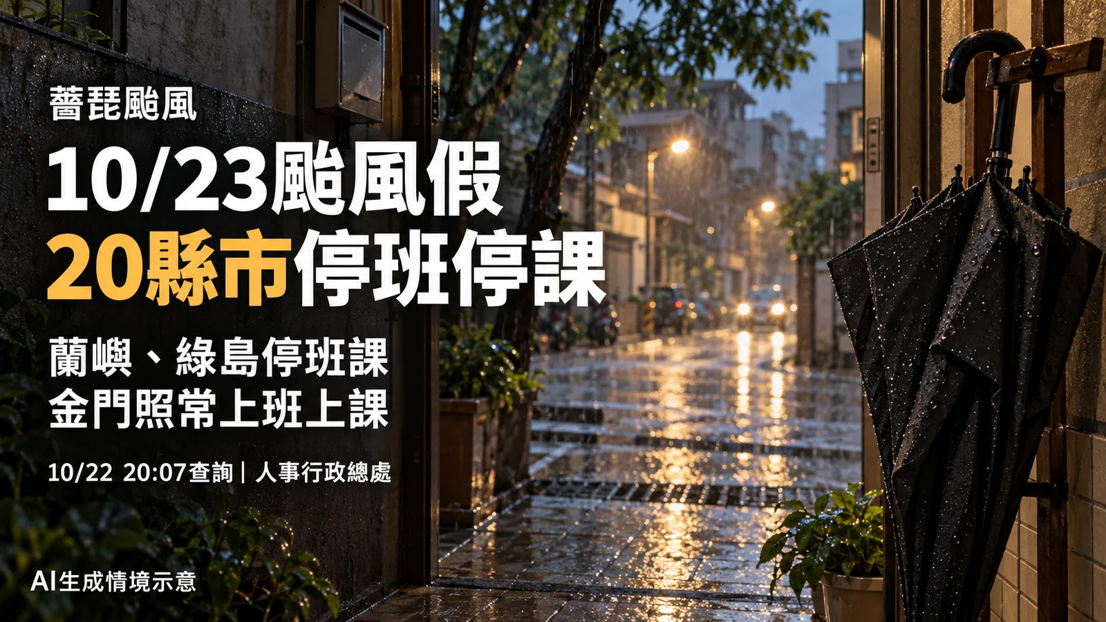10/23颱風假公布：北北基桃在內20縣市停班停課，台東離島停止、金門照常