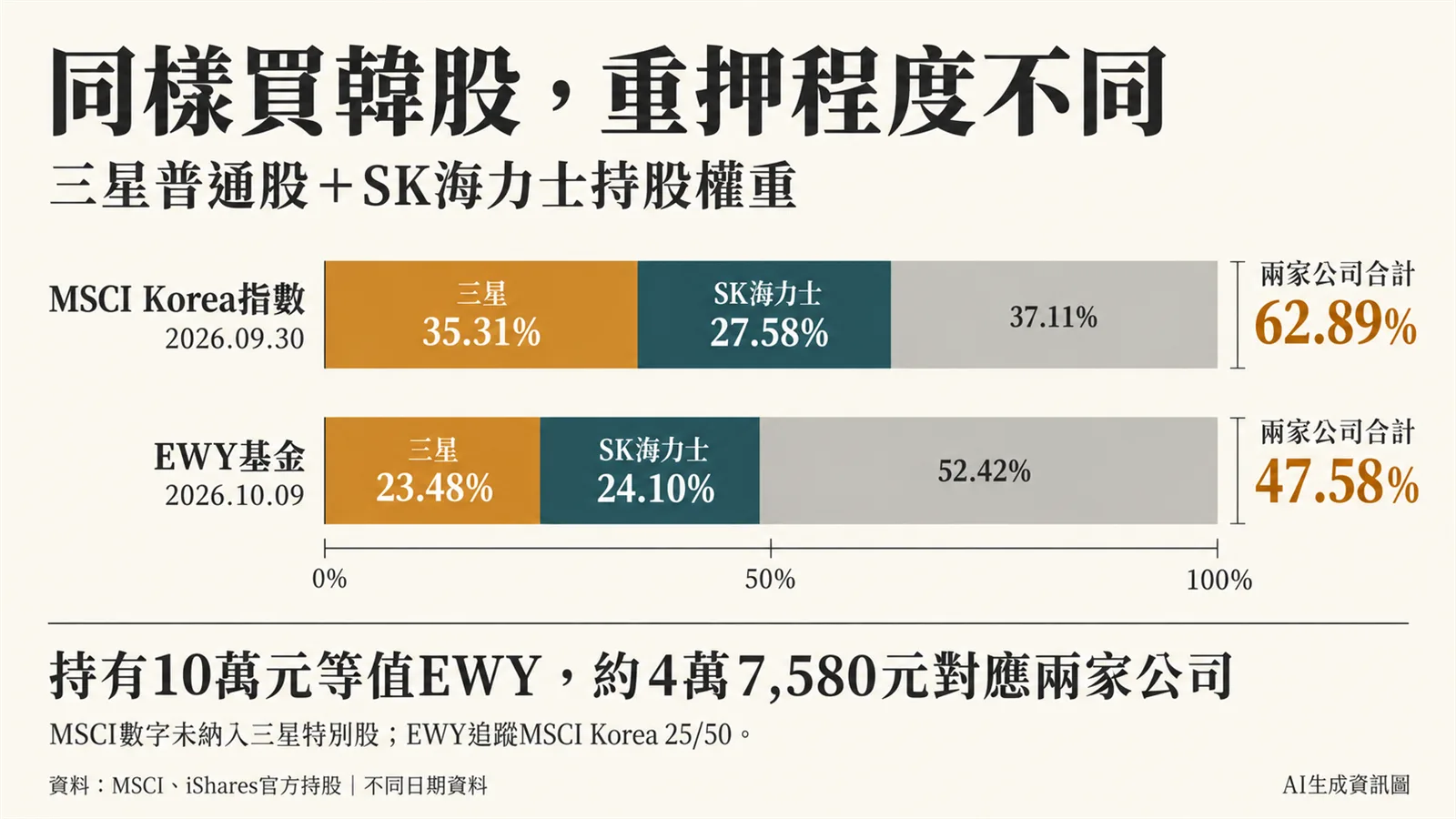 AI生成資訊圖:MSCI Korea在2026年9月30日的三星普通股與SK海力士合計62.89%;EWY在10月9日合計47.58%。