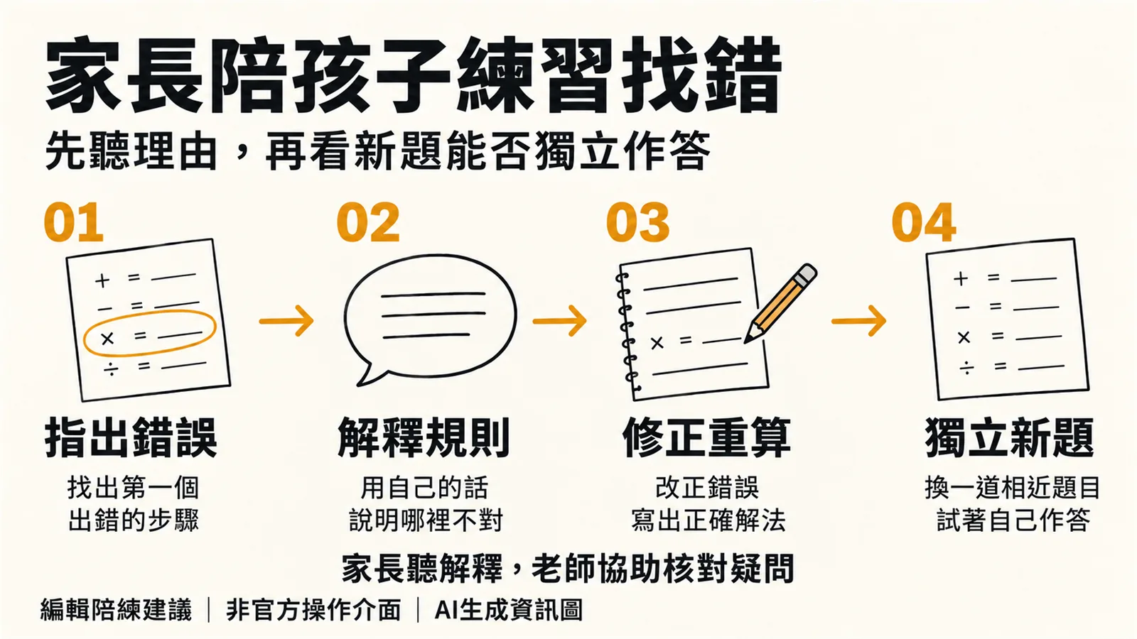 AI生成資訊圖,以四步呈現指出錯誤、解釋規則、修正重算與獨立新題,圖內標明為編輯陪練建議。