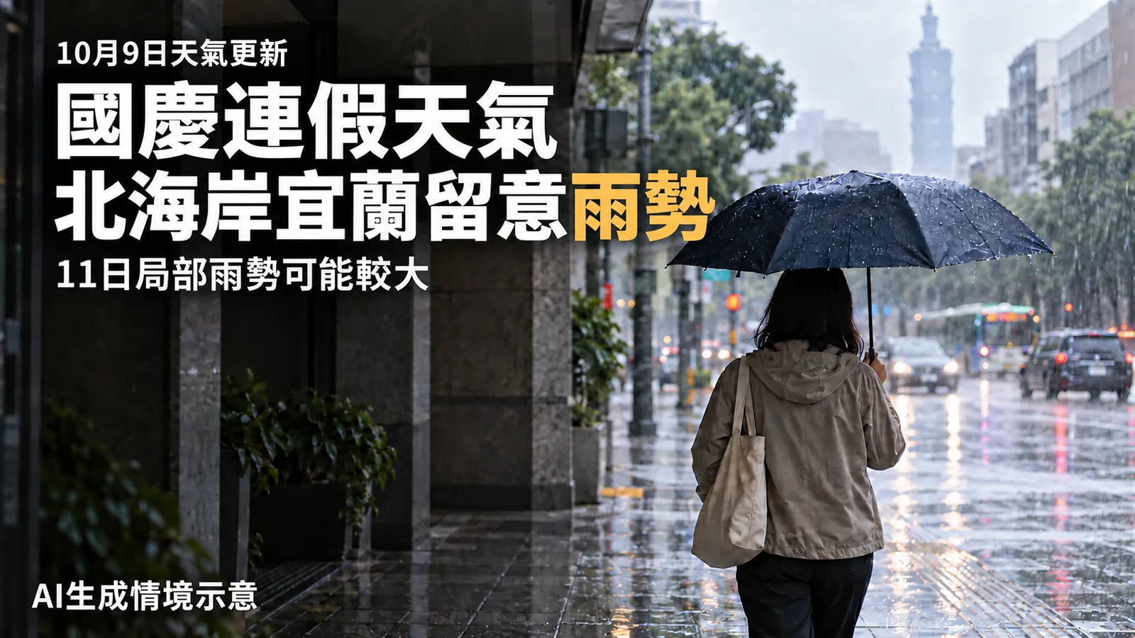AI生成雨天都市情境，圖內標題為國慶連假天氣、北海岸宜蘭留意雨勢，並註明11日局部雨勢可能較大