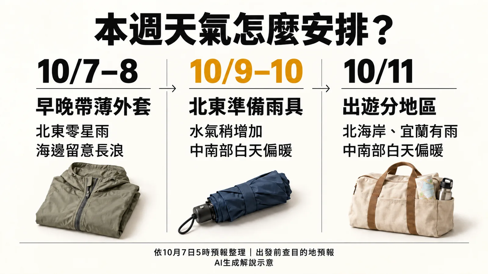 AI生成三階段天氣圖卡：7至8日早晚帶薄外套、海邊留意長浪，9至10日北東準備雨具，11日北海岸宜蘭有雨、中南部白天偏暖