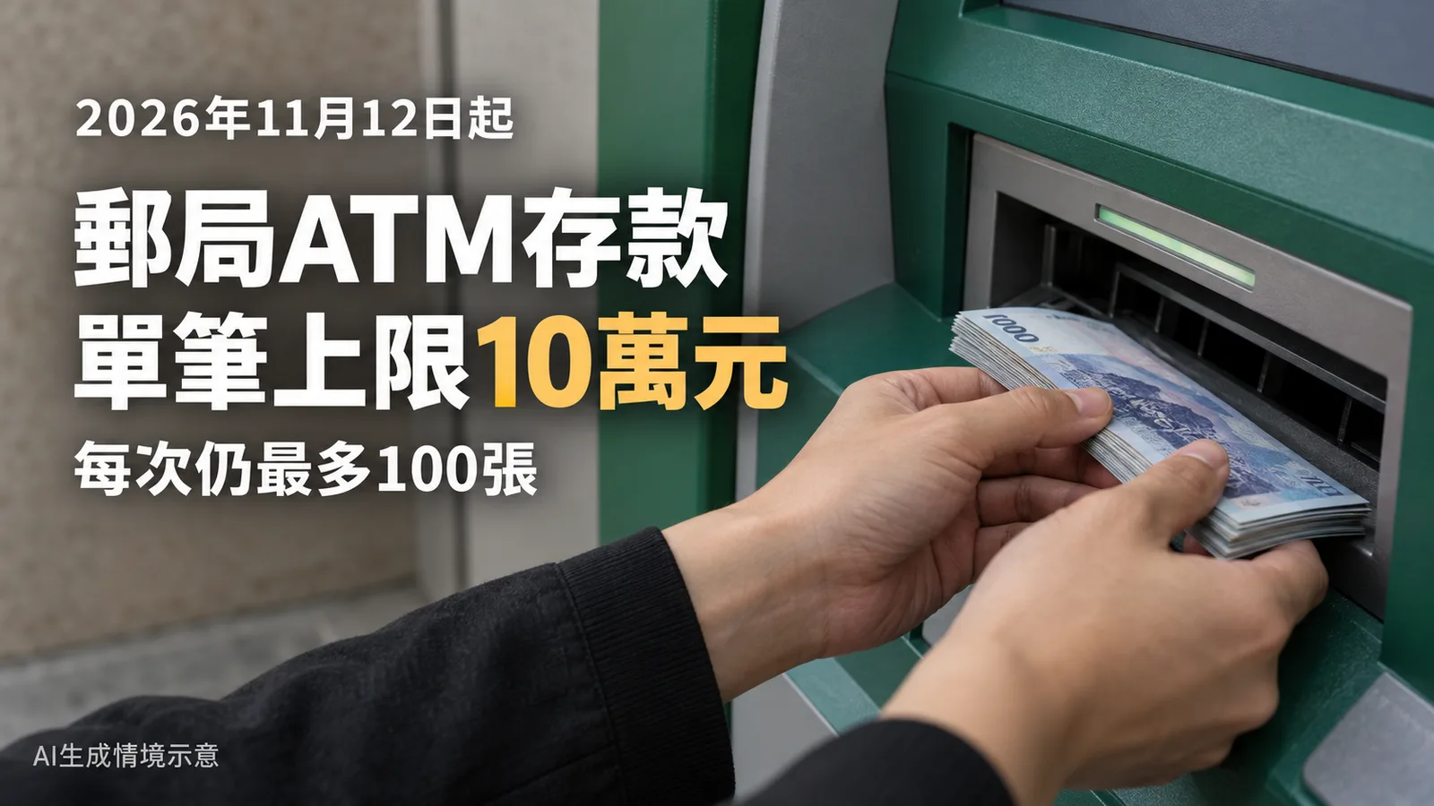 郵局ATM存款11月12日起單筆最高10萬元，100張上限怎麼算？