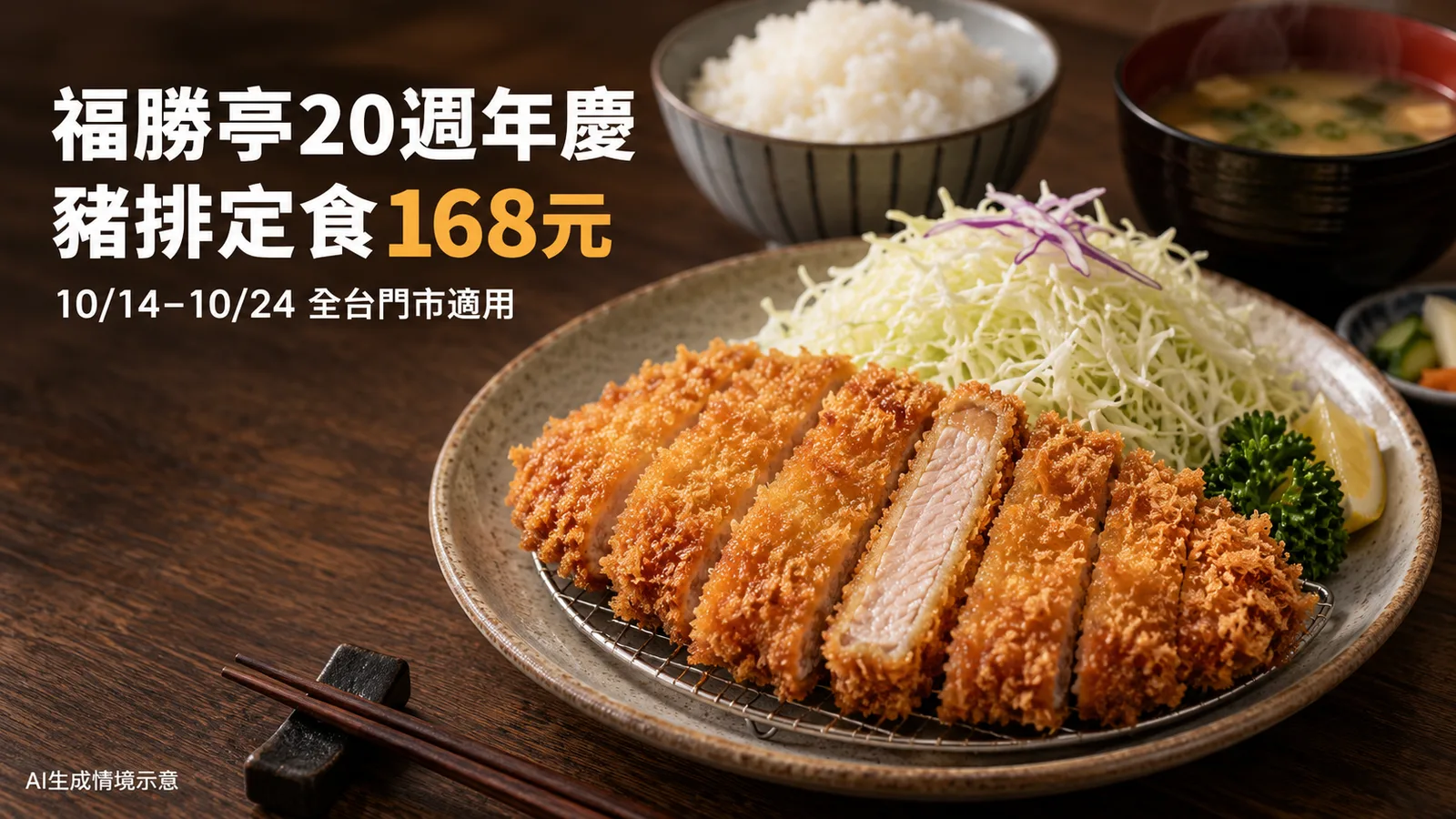 福勝亭豬排定食168元至10月24日，鮮五丼66折領券與用券期限一次看