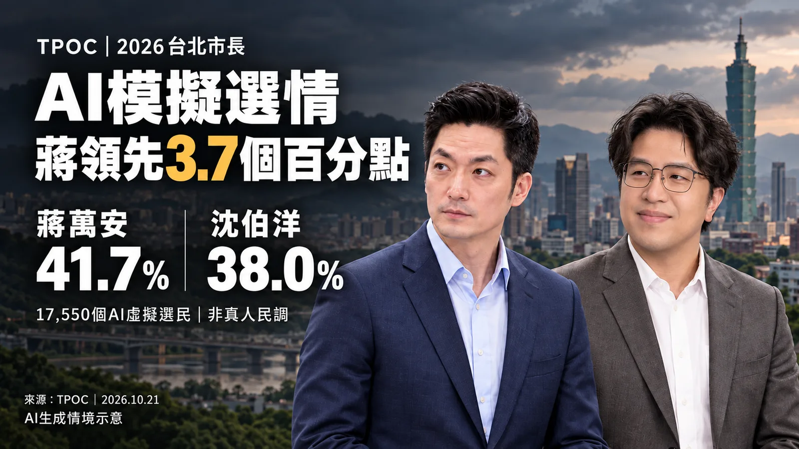 TPOC台北市長AI模擬：蔣萬安41.7%、沈伯洋38.0%，差3.7個百分點